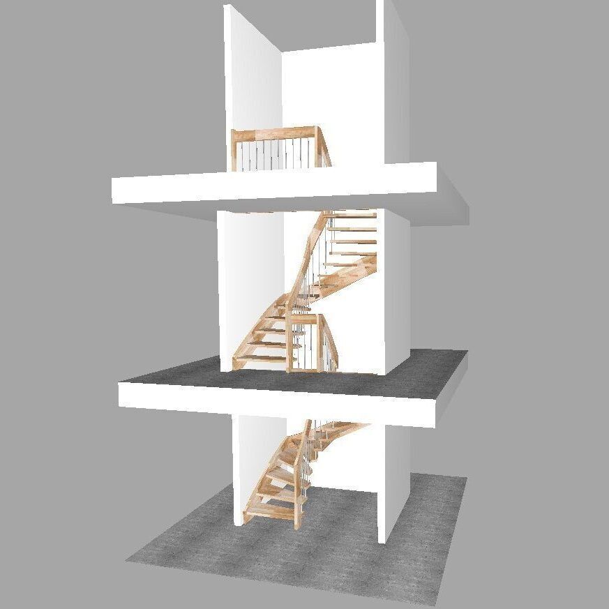 3D-Planungsansicht eines dreigeschossigen Treppenhauses mit zwei gewendelten Holztreppen und Galeriegeländer